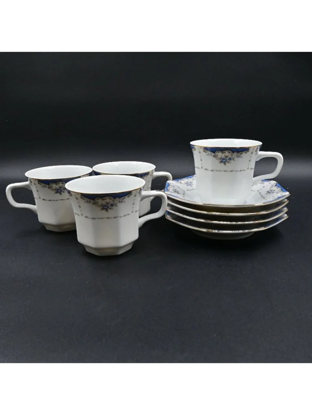 Seizan Mood Indigo 7936 Tea Cup & Saucer Set Octagonal Shape Set Of 4